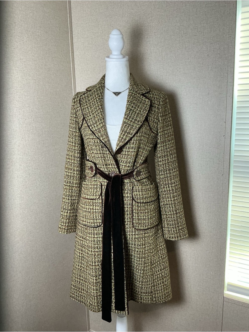 Demacrasse Womens Olive Tweed Belted Long Coat